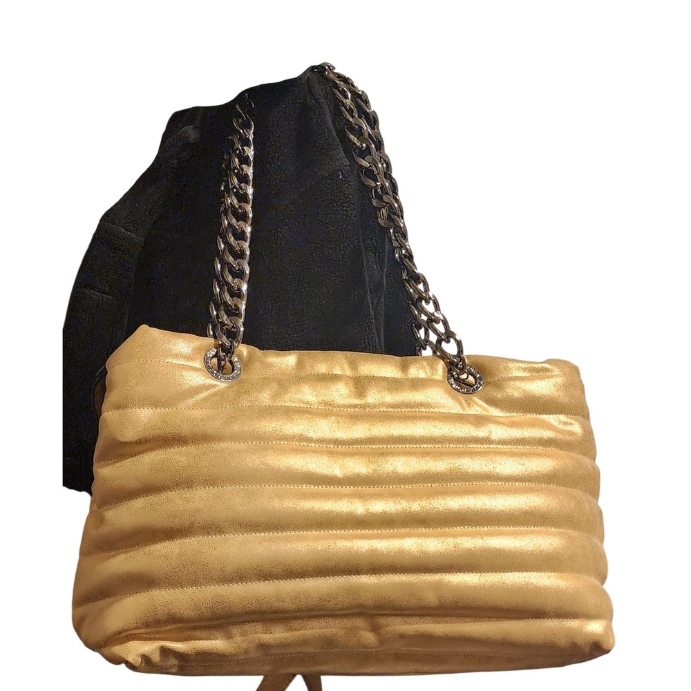 Think Royln Faux Vegan Puffy Gold Convertible Chain Tote Bag Shoulder Bag Purse